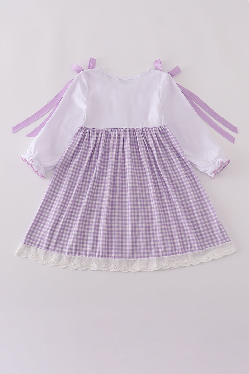 Girls Lavender Ribbon Lace Embroidered Gingham Dress