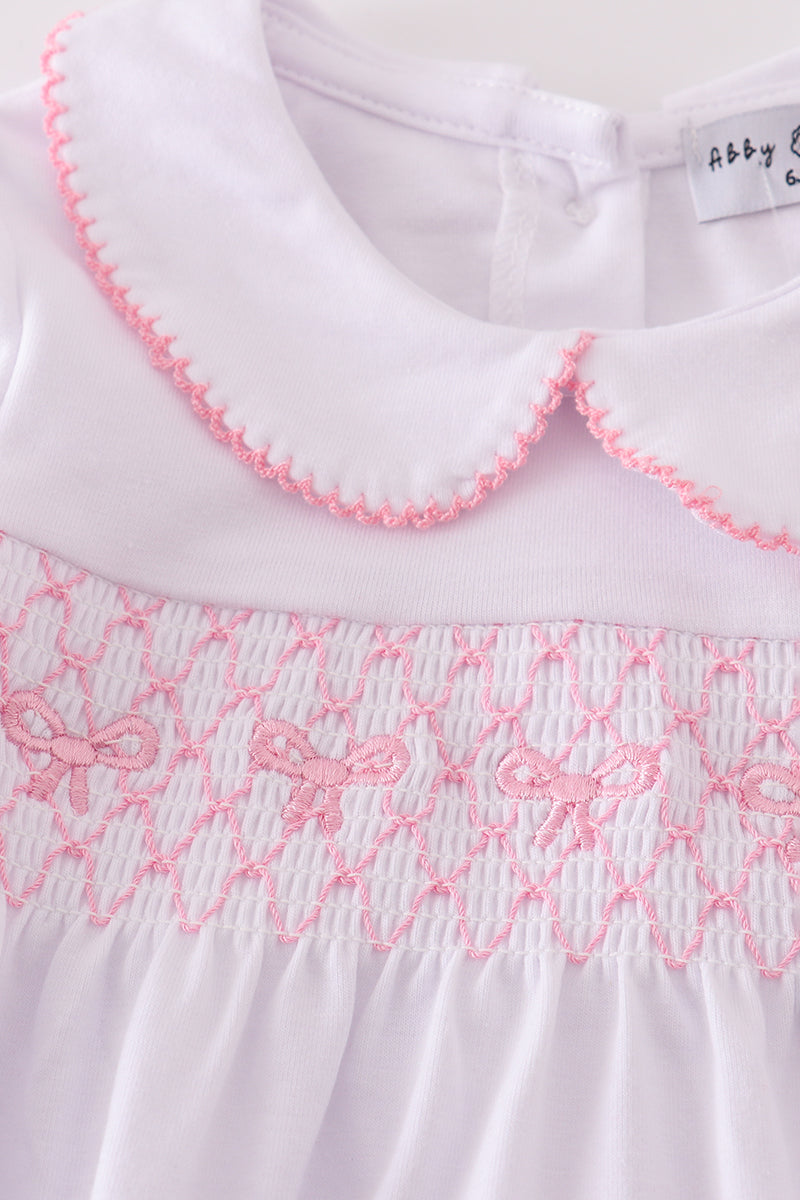Girls Pink Bow Smocked Bubble