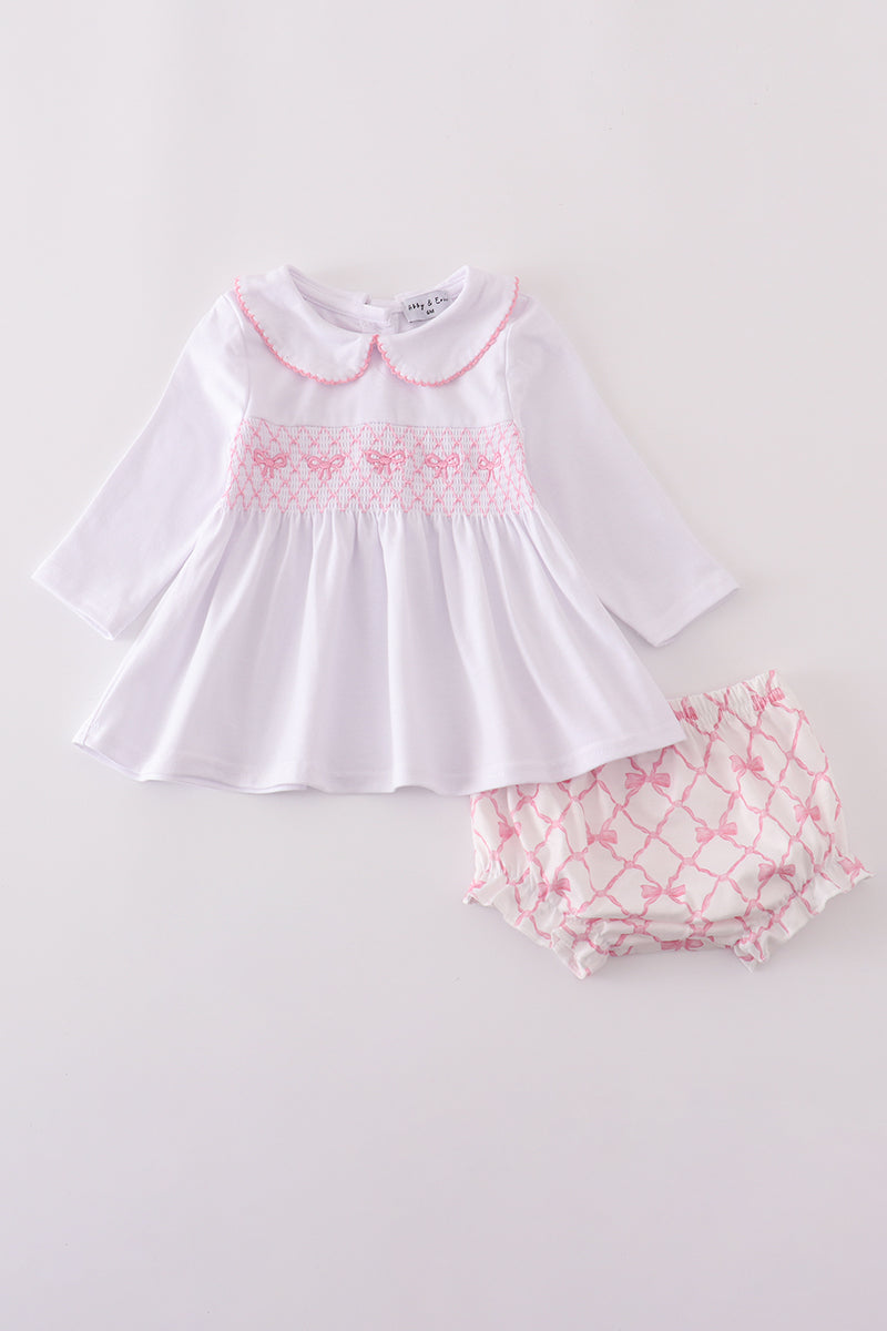 Girls Pink Bow Smocked Bloomer Set