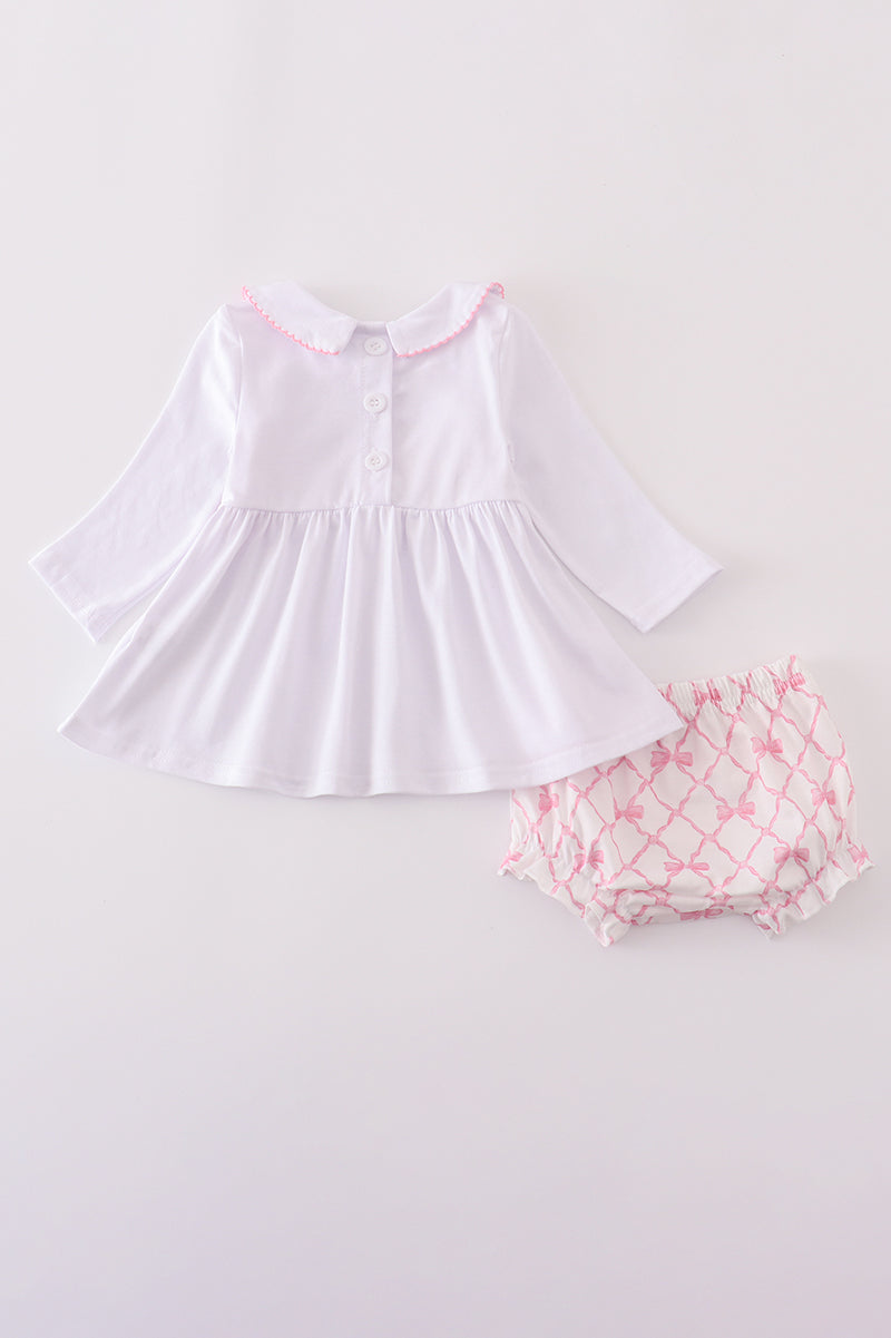 Girls Pink Bow Smocked Bloomer Set
