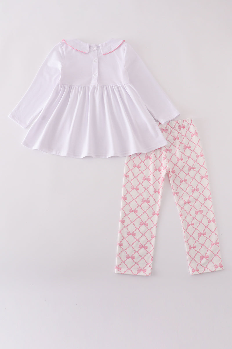 Girls Pink Bow Smocked Pants Set