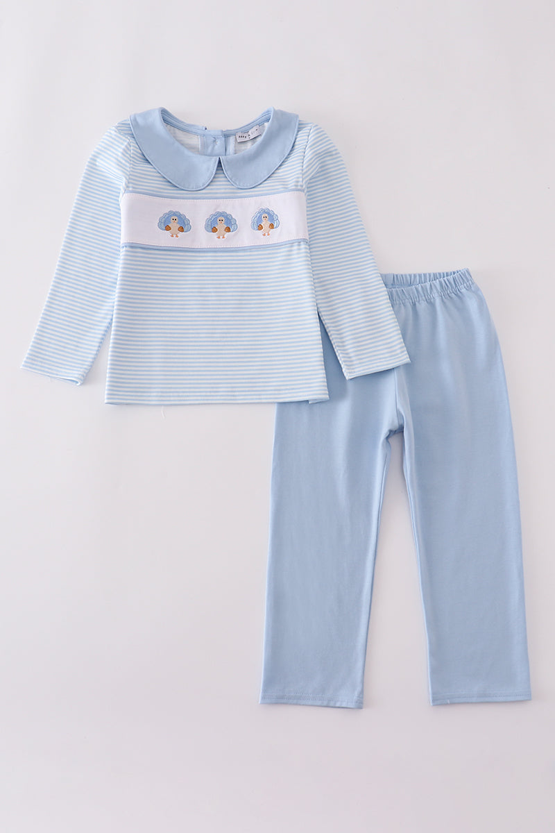 Boys Blue Turkey Embroidered Stripe Pants Set