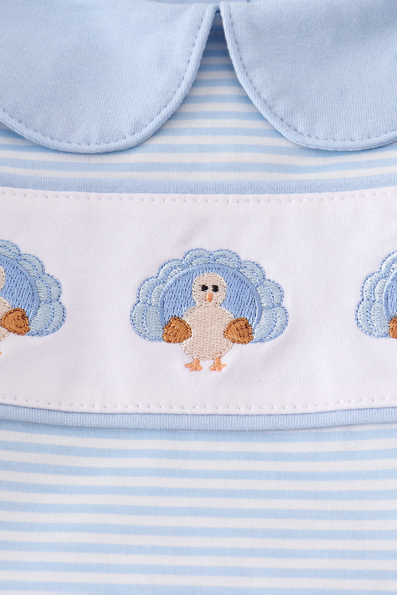 Boys Blue Turkey Embroidered Stripe Pants Set
