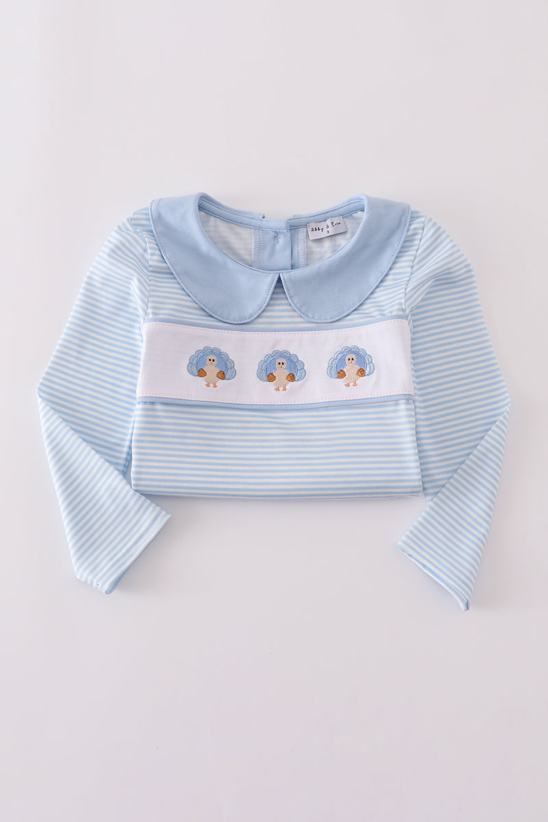 Boys Blue Turkey Embroidered Stripe Pants Set