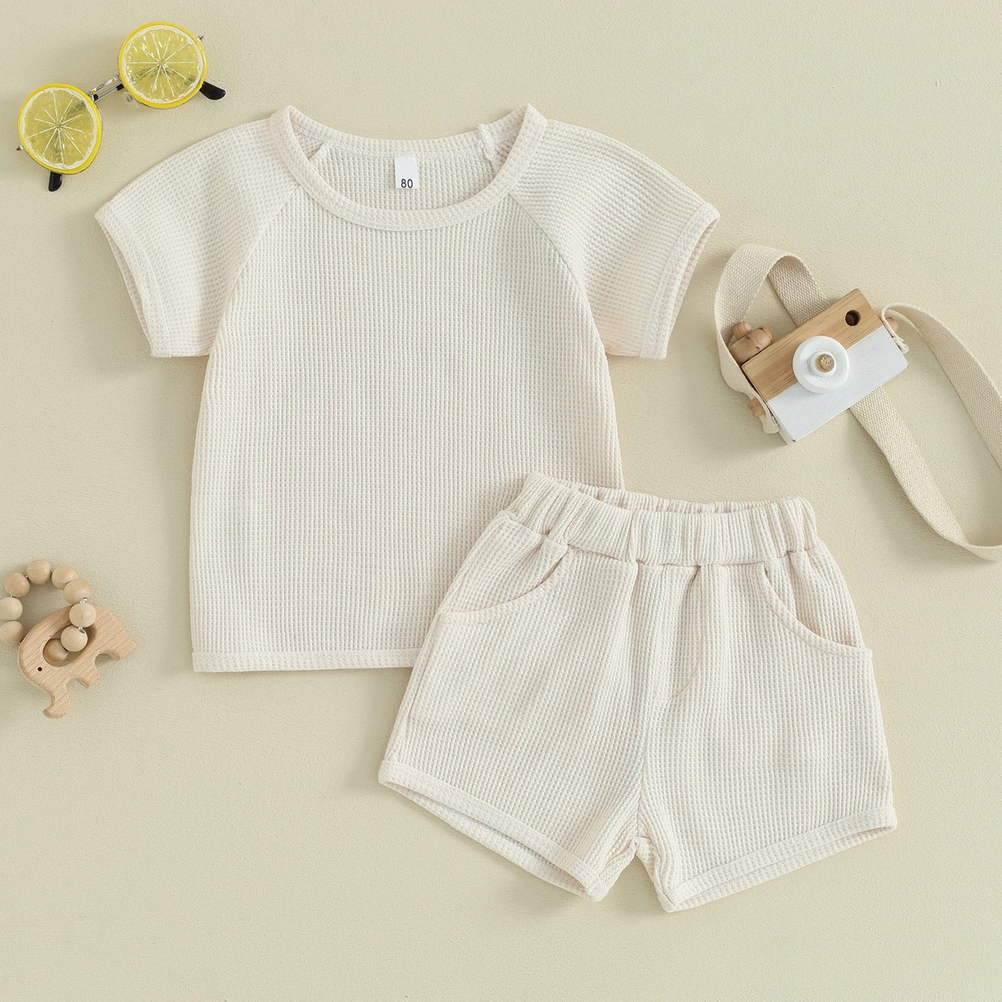 Boys Waffle Knit Earthtone Shirt Shorts Set