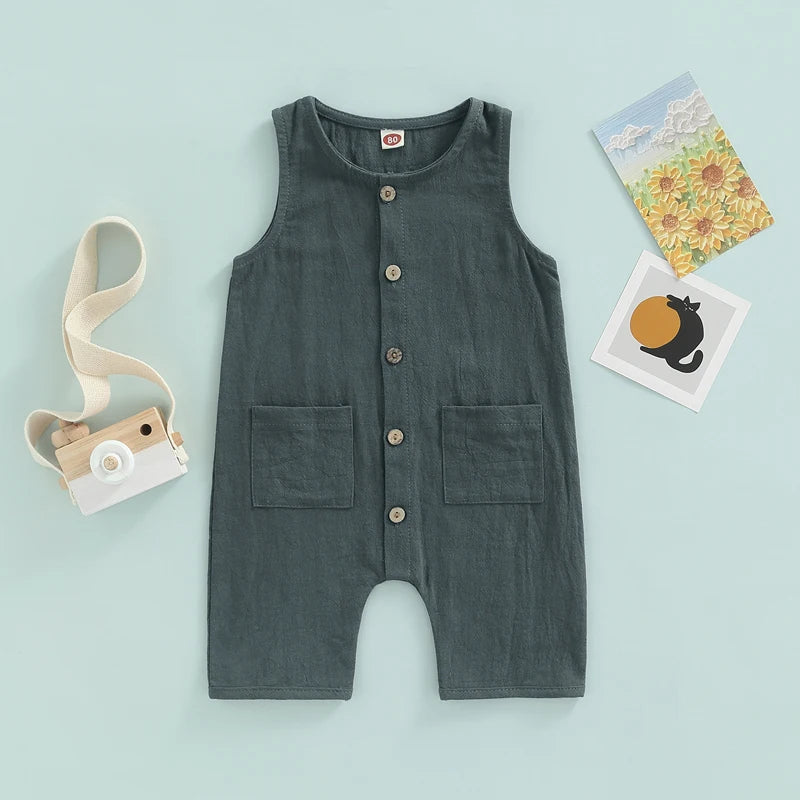 Sleeveless Pocket Button Romper, Unisex