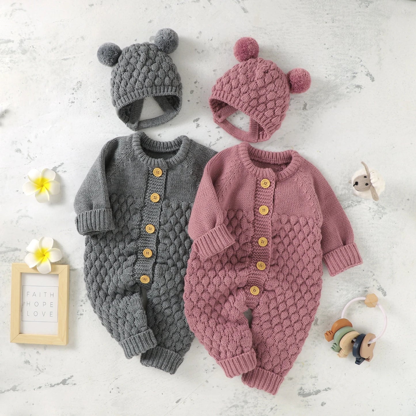 Girls Warm Knitted Romper Hat Set