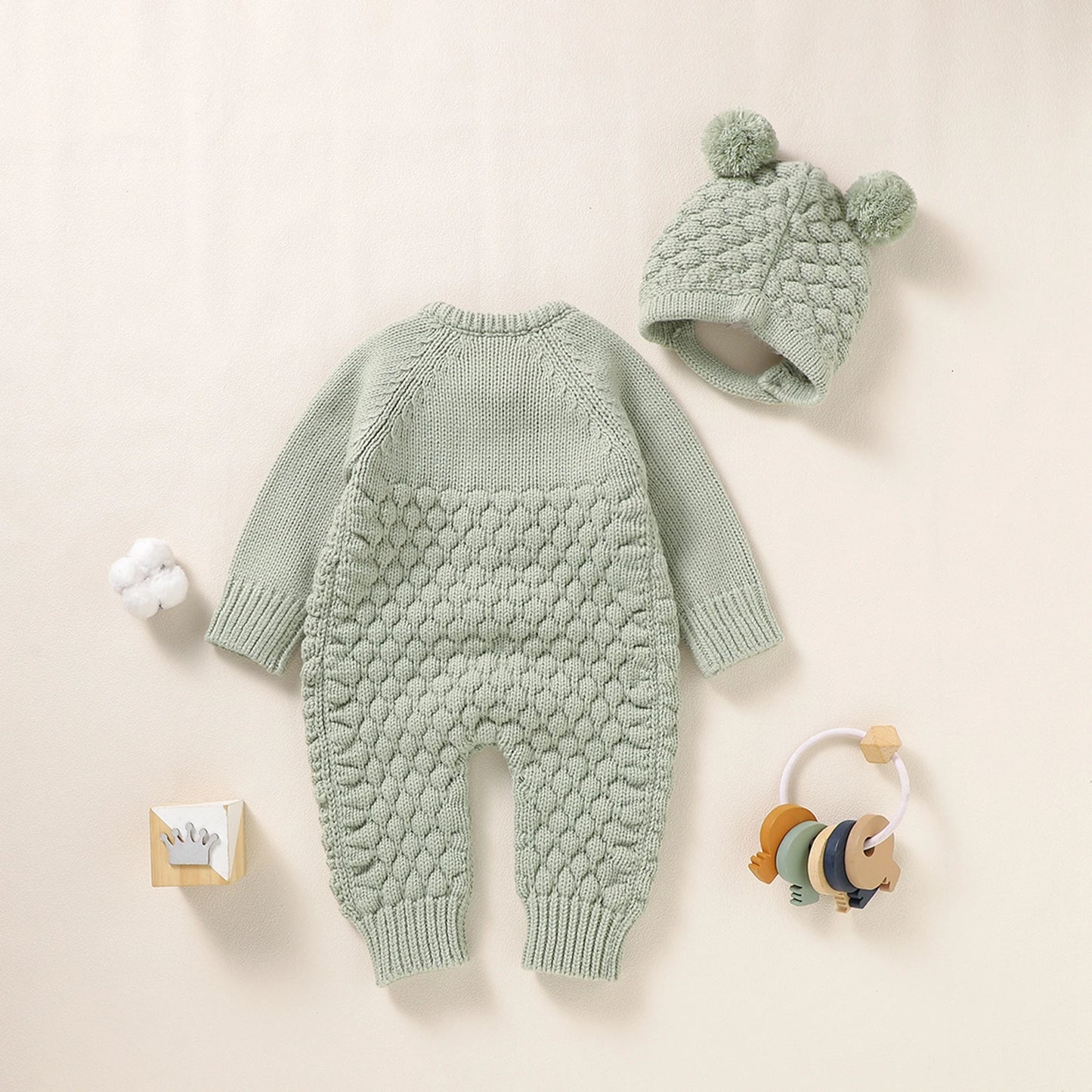 Girls Warm Knitted Romper Hat Set