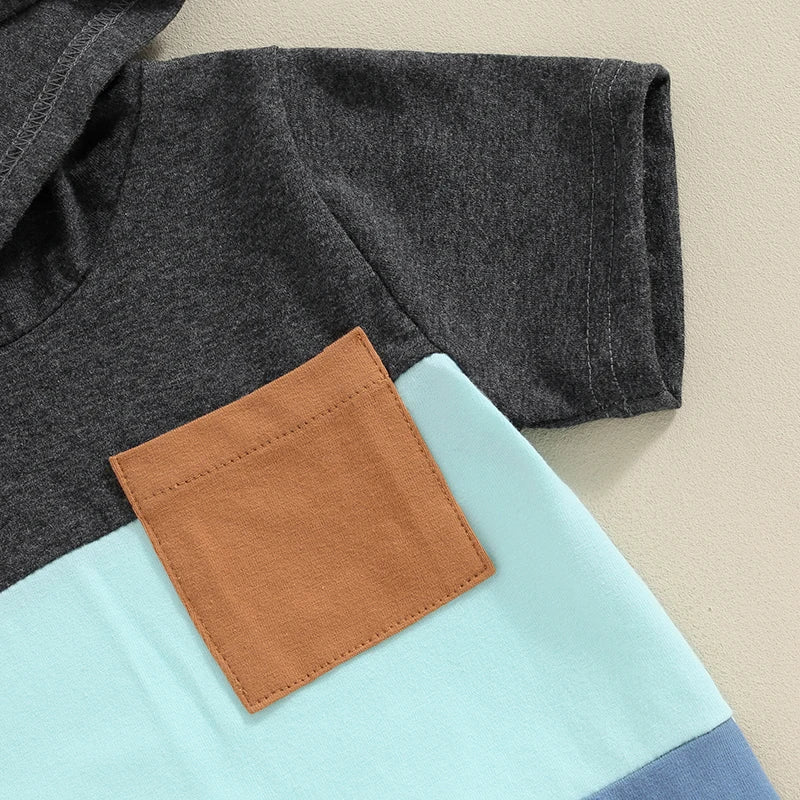 Boys Contrast Color Short Sleeve Pocket Hoodie Short Set