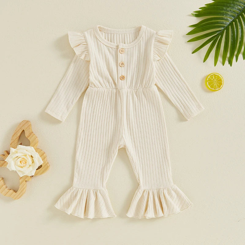 Girls Fall Ribbed Flare Jumpsuits