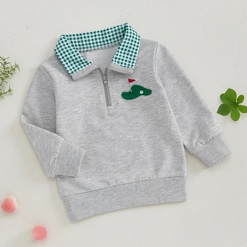 Plaid Collar Embroidered Golf Quarter Zip Jacket, Unisex
