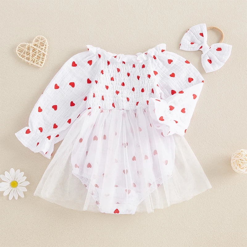Girls Heart Print Tulle Dress Bow Set