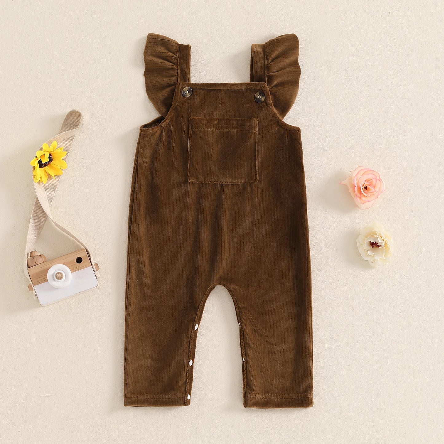 Girls Corduroy Ruffle Overalls Romper