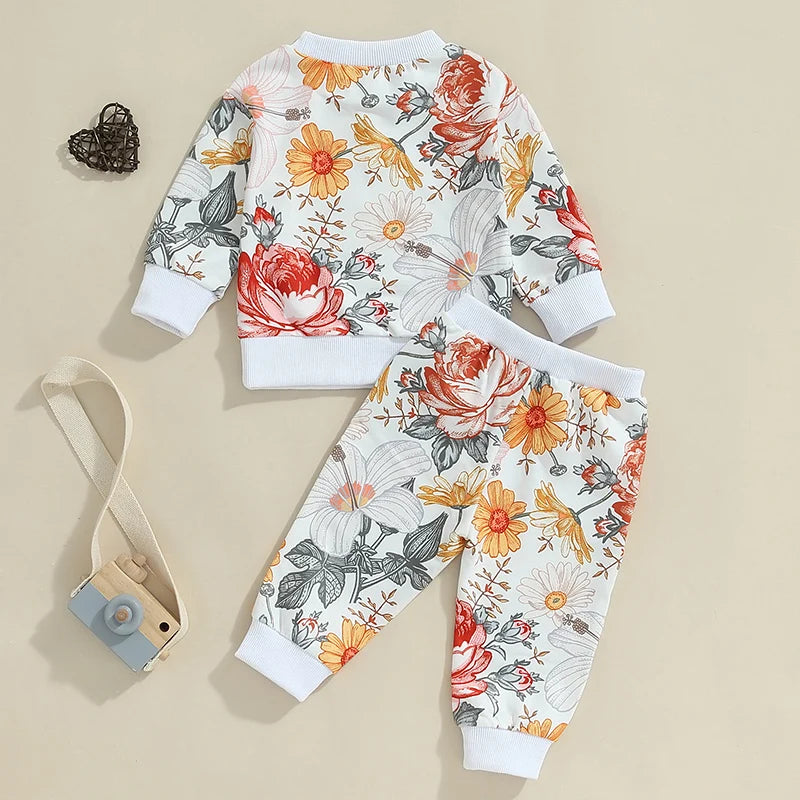 Girls Autumn Floral Print Sweatshirt Pant Set