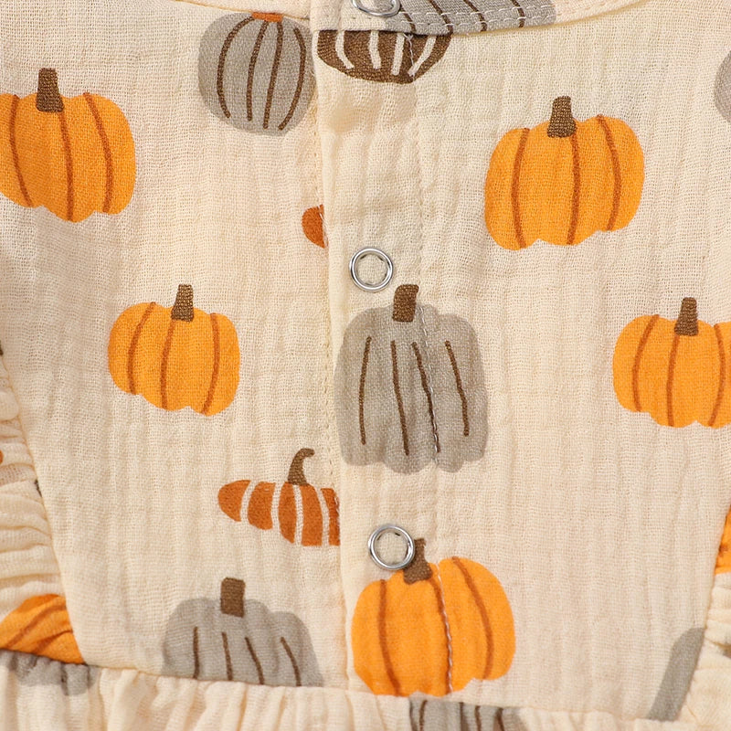 Girls Pumpkin Print Ruffled Shoulder Bubble Bow Set
