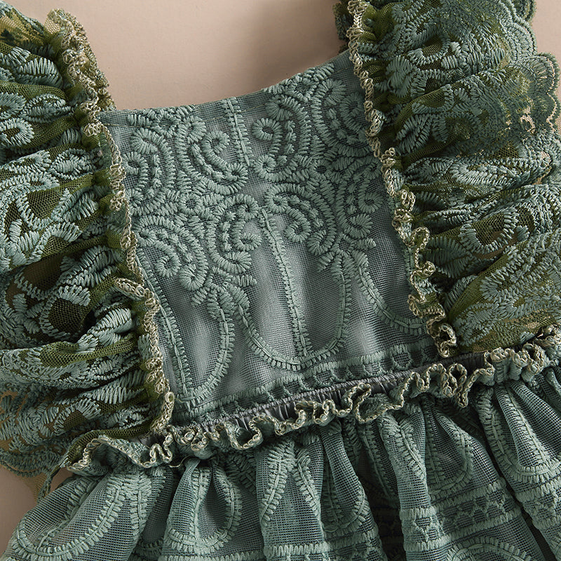 Girls Fall Mesh Lace Ruffle Dress