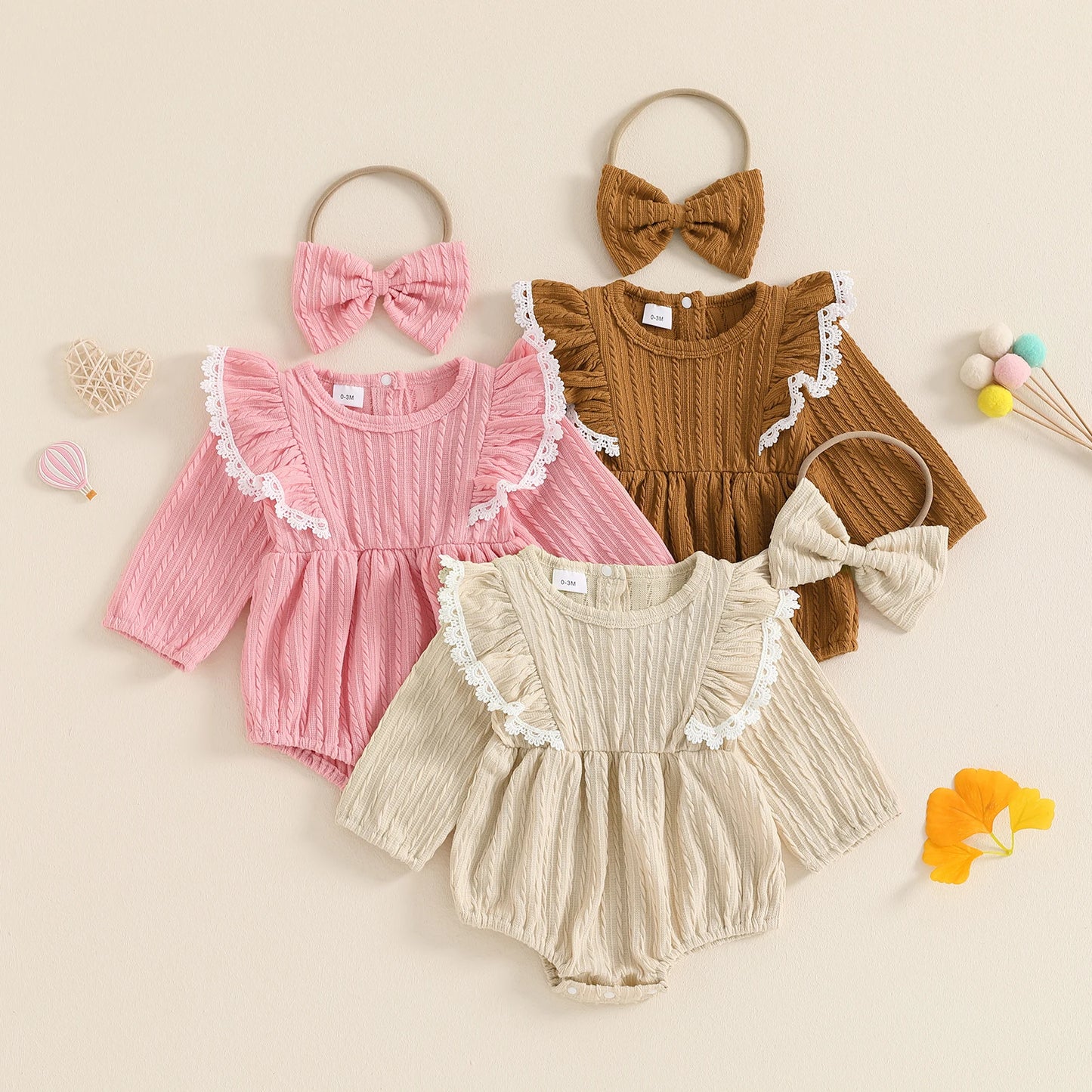 Girls Lace Trim Ruffled Knit Bubble Bow Set