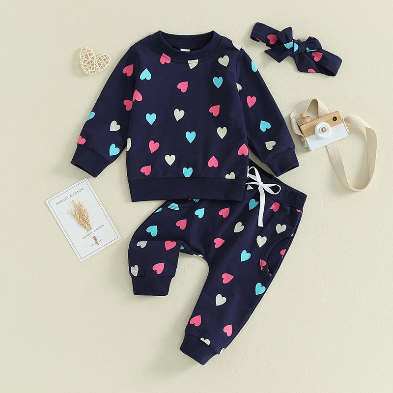 Girls Heart Print Sweatshirt Pant Bow Set