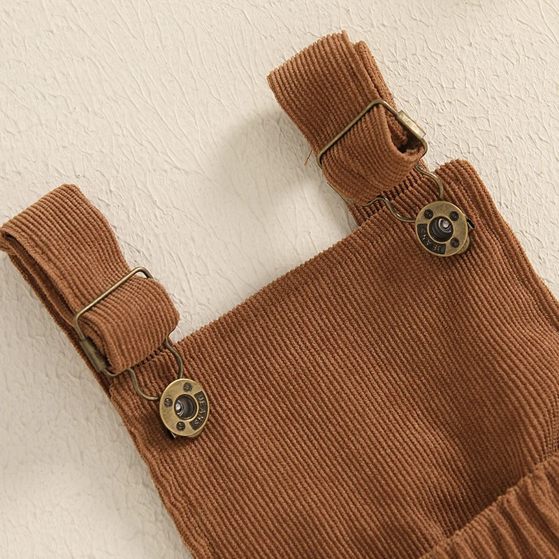 Girls Ribbed Ruffle Top Corduroy Suspender Dress Set