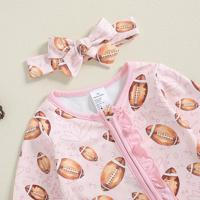 Baby Girls Football Print Footie Zip Pajama Bow Set