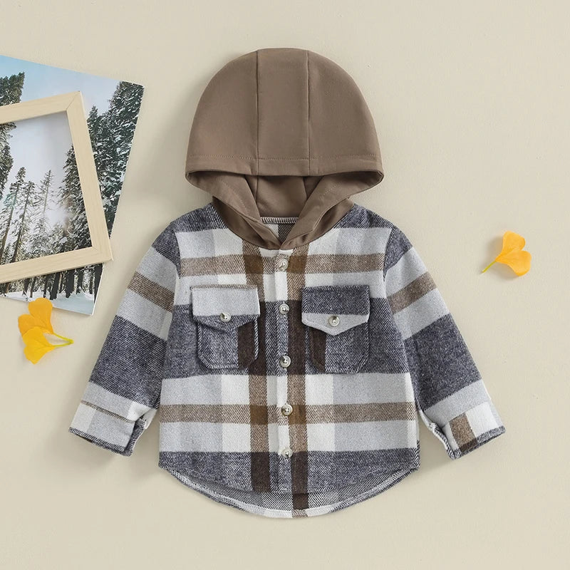 Boys Plaid Pocket Hoodie Jacket