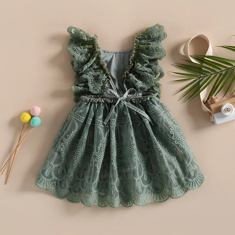 Girls Fall Mesh Lace Ruffle Dress