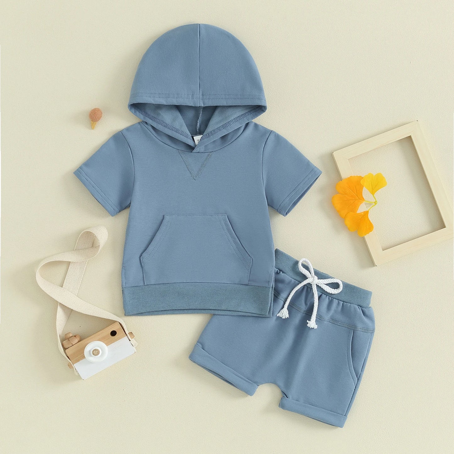 Solid Color Short Sleeve Hoodie Short Set, Unisex