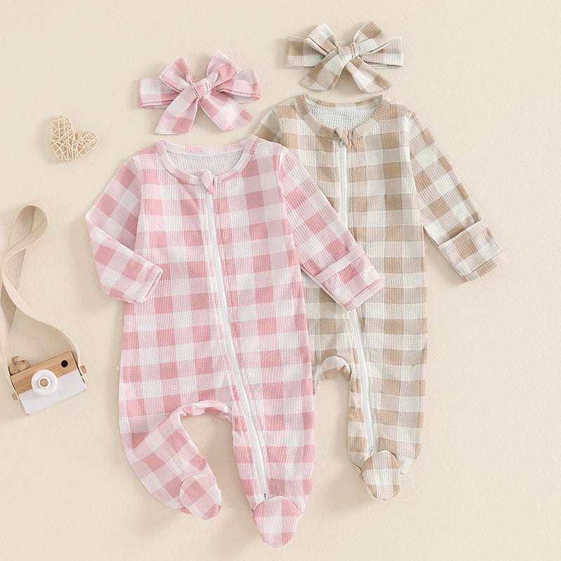 Girls Waffle Knit Plaid Ruffle Zip Footie Pajama Bow Set