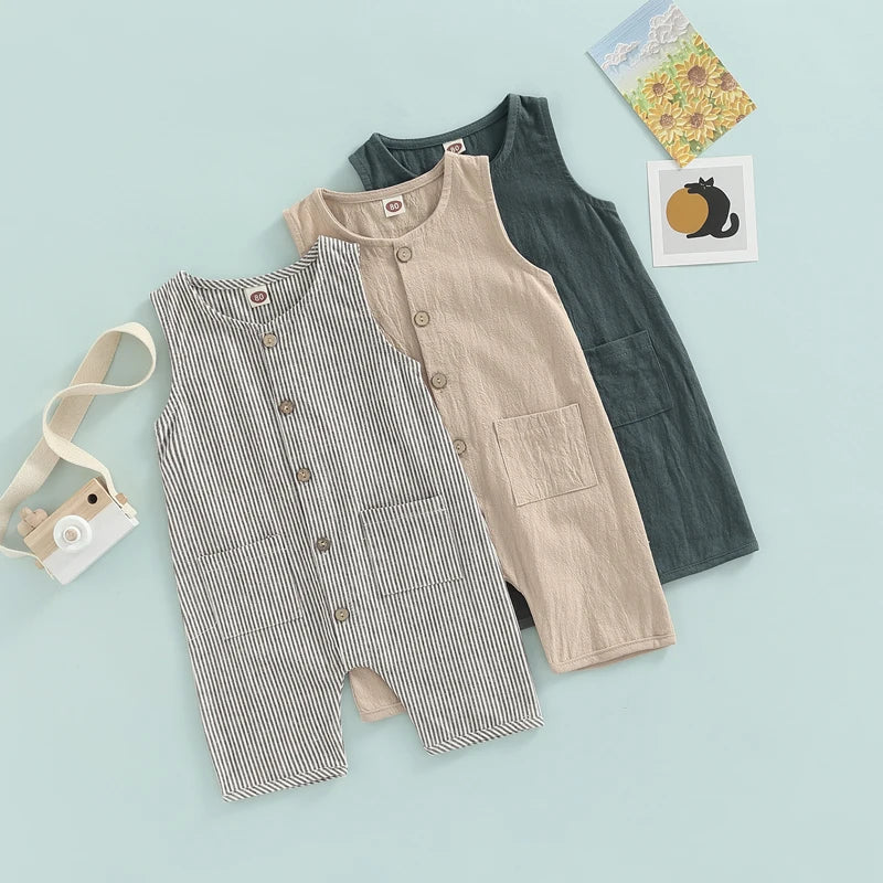 Sleeveless Pocket Button Romper, Unisex