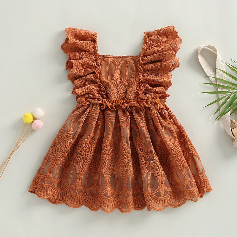 Girls Fall Mesh Lace Ruffle Dress