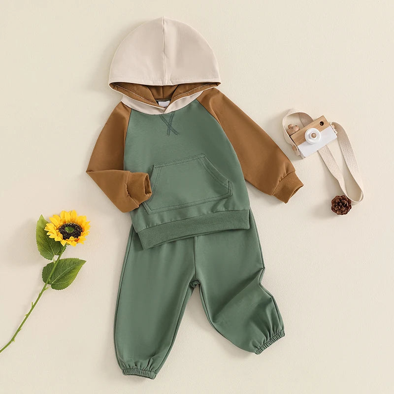 Boys Fall Color Contrast Hoodie Pant Set
