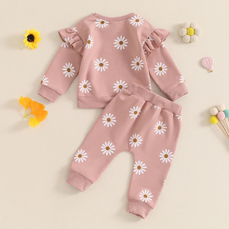 Girls Ruffle Shoulder Daisy Print Sweatshirt Pant Set