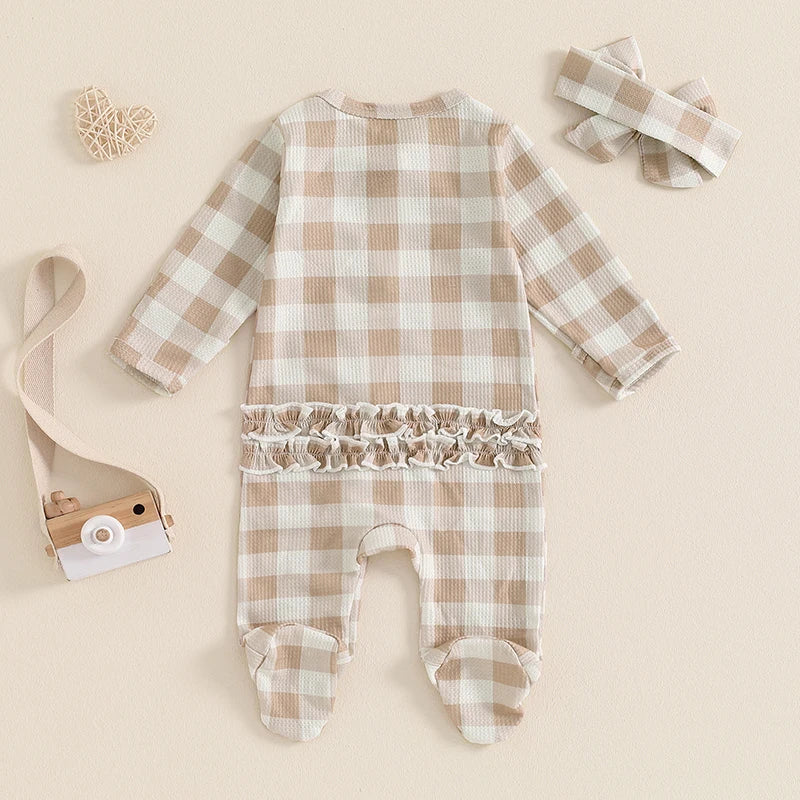 Girls Waffle Knit Plaid Ruffle Zip Footie Pajama Bow Set