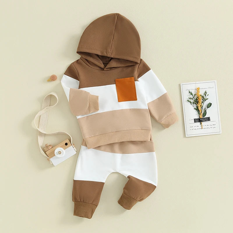 Boys Contrast Color Pocket Hoodie Pant Set