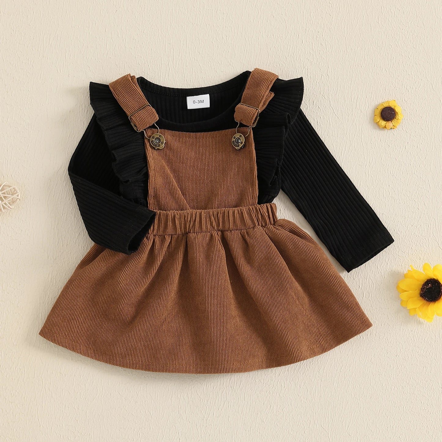 Girls Ribbed Ruffle Top Corduroy Suspender Dress Set