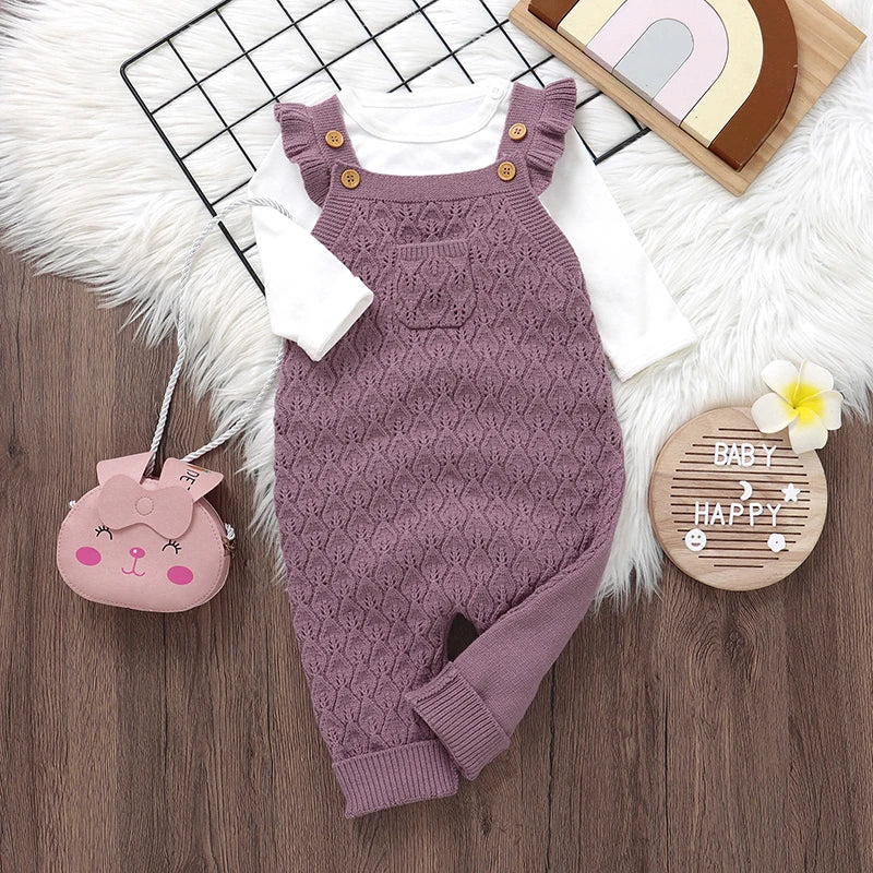 Girls Ruffle Shoulder Knit Jumpsuit Overalls