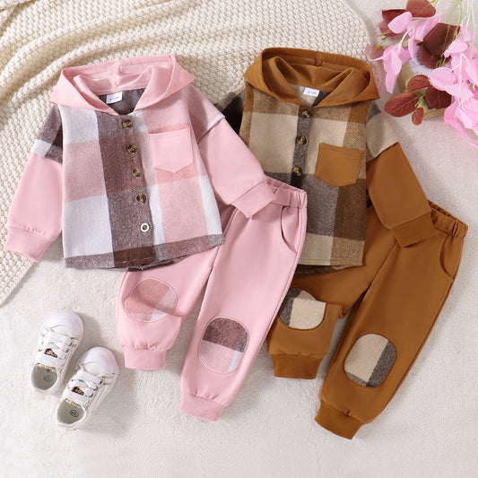 Plaid Patchwork Button Hoodie Pant Set, Unisex