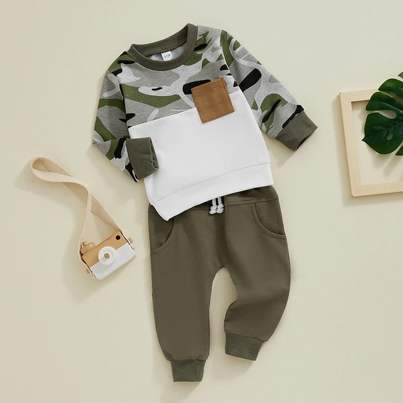 Boys Camouflage Print Patch Pocket Sweatshirt Pant Set