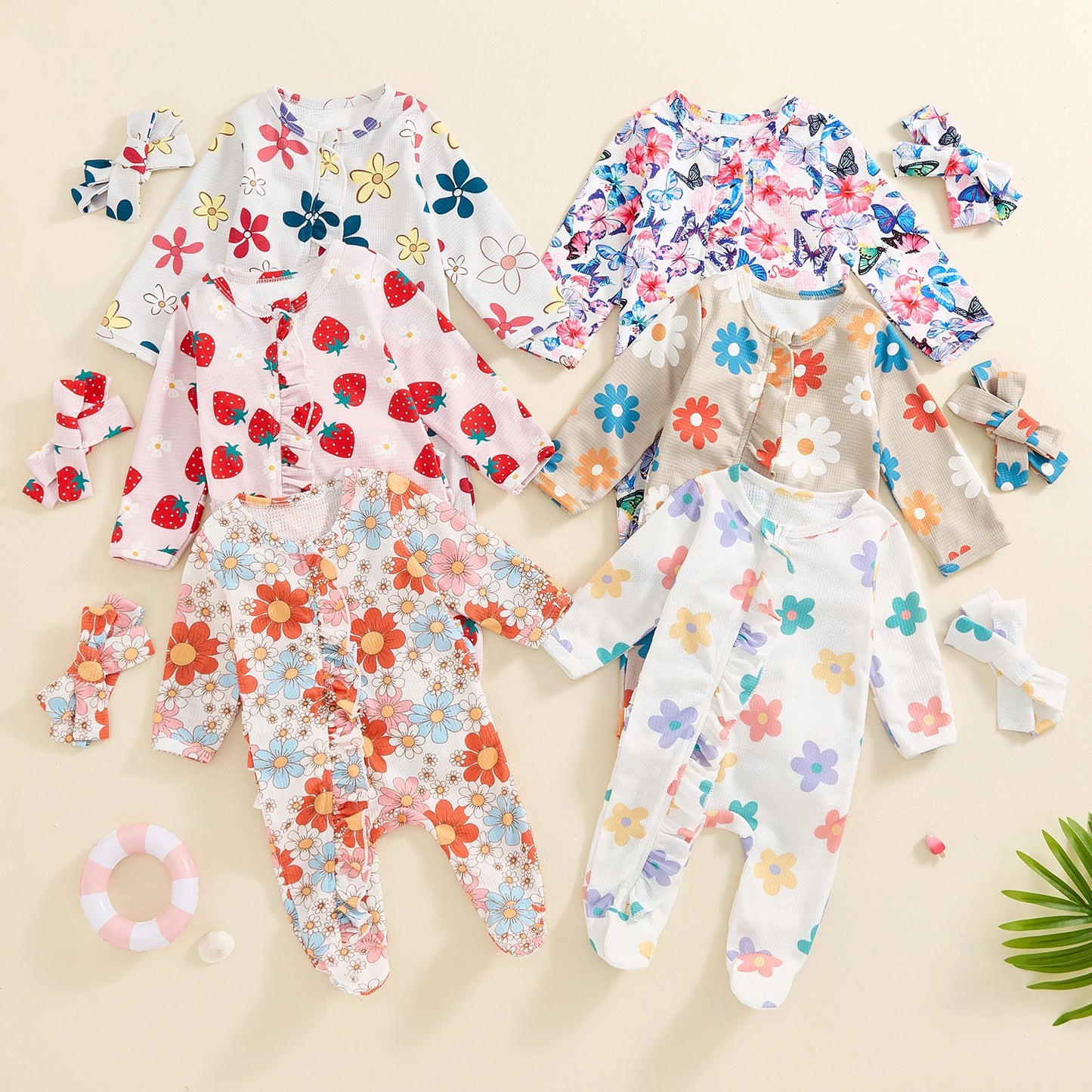 Baby Girls Flower Print Ruffled Zip Footie Pajamas Bow Set