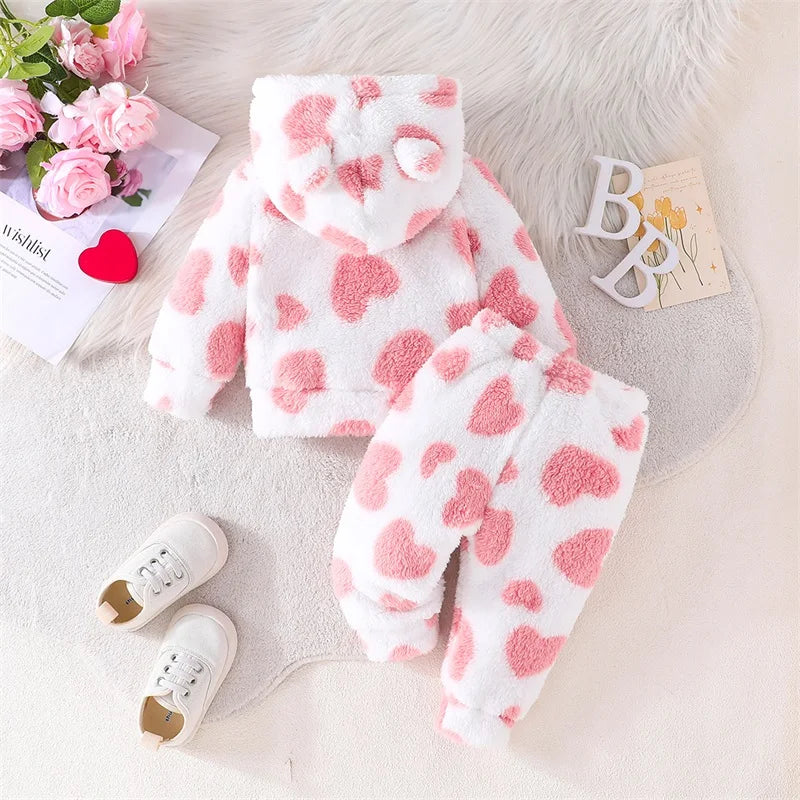 Girls Heart Print Plush Fleece Hoodie Pant Set