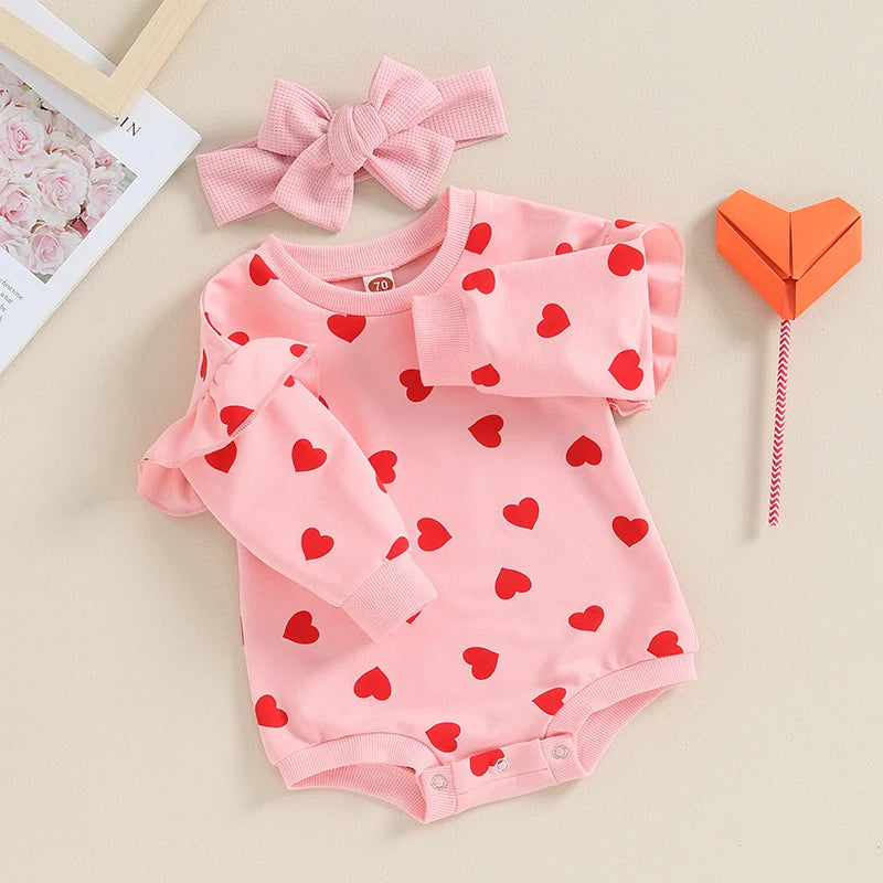 Girls Ruffle Heart Print Bubble Bow Set