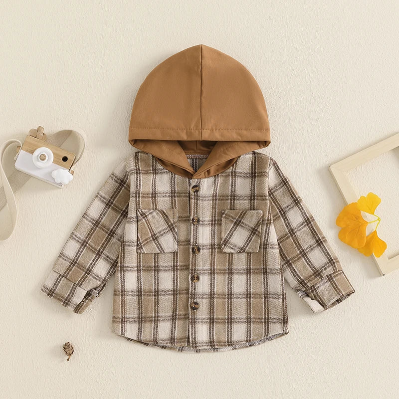 Boys Hooded Plaid Flannel Button Pocket Shirt