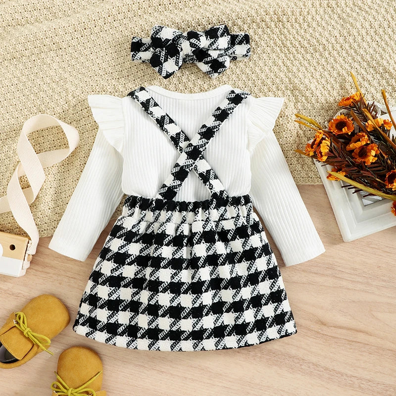 Girls Ruffled Romper, Houndstooth/Plaid Skirt, Bow Set