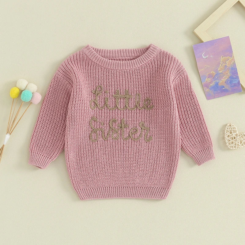 Girls Embroidered Little Sister Script Knit Sweater