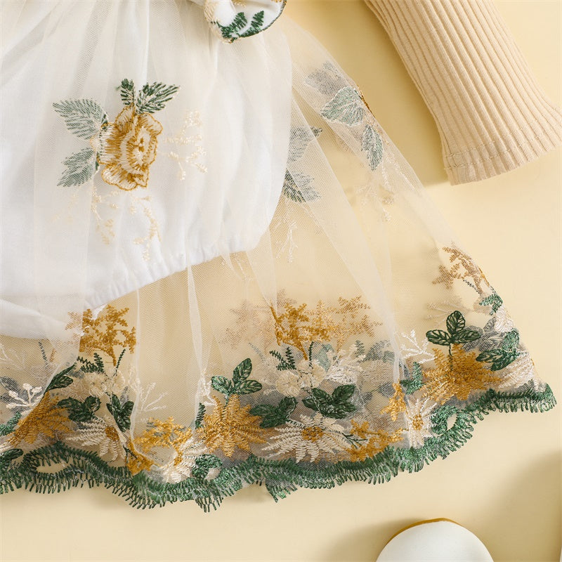 Girls Flying Sleeve Embroidered Flower Dress Bow Set