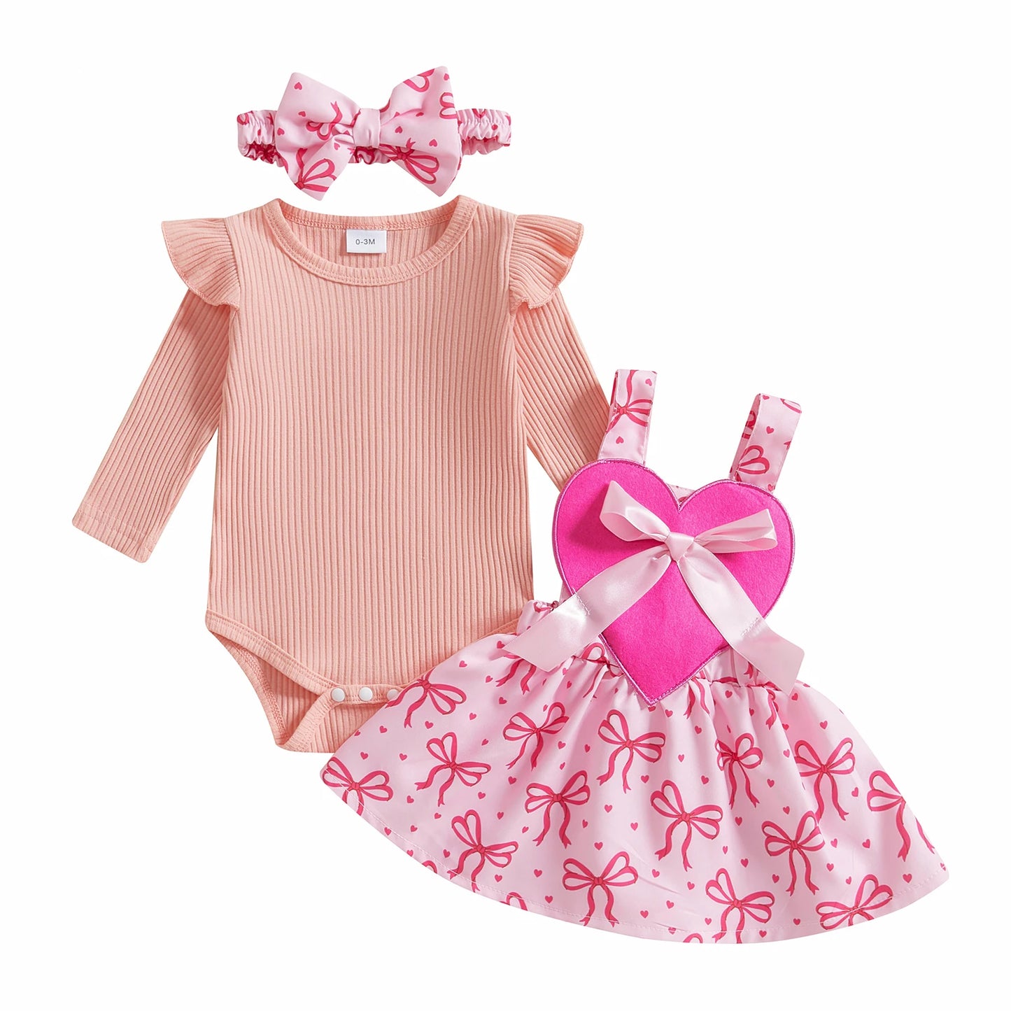 Girls Ribbed Ruffle Sleeve Heart Bear or Bow Print Suspender Skirt Bow Set