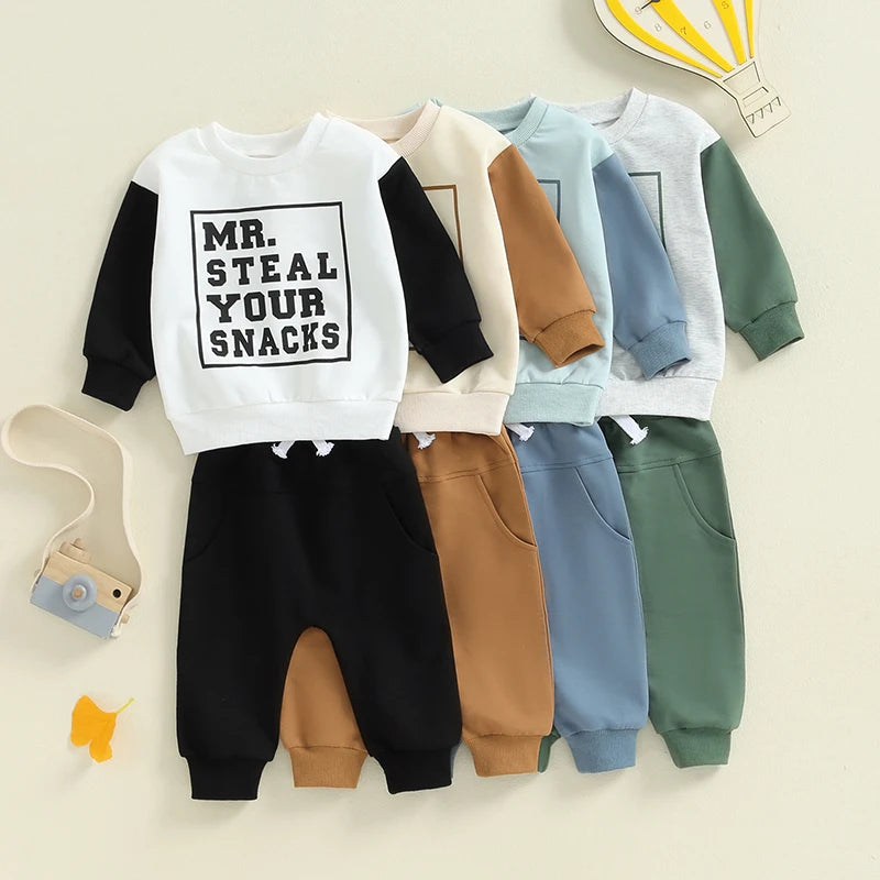 Boys Steal Your Snacks Color Contrast Sweatshirt Pant Set