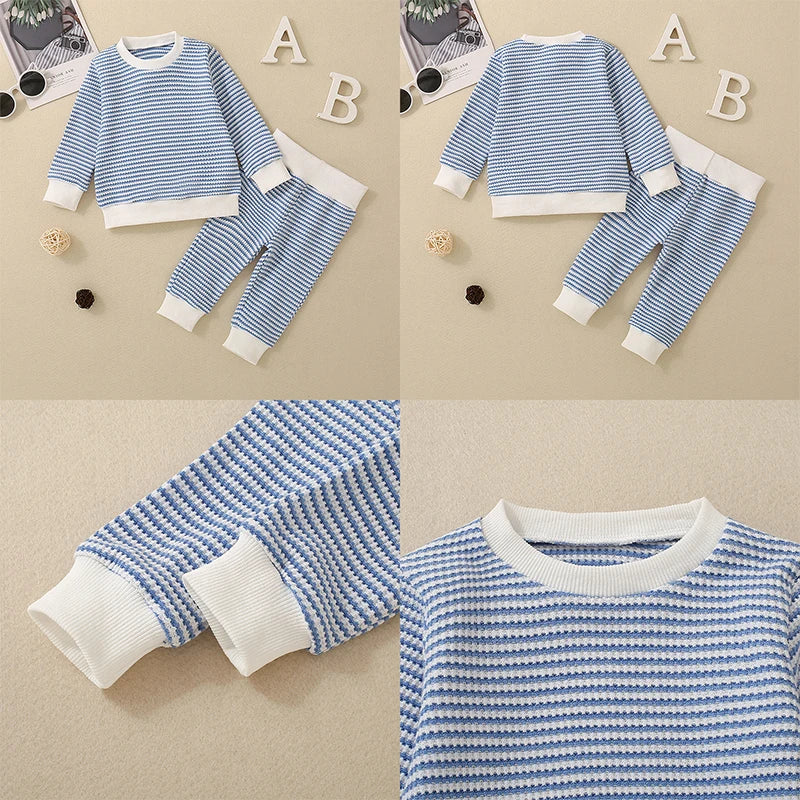 Boys Striped Waffle Knit Top Pant Set