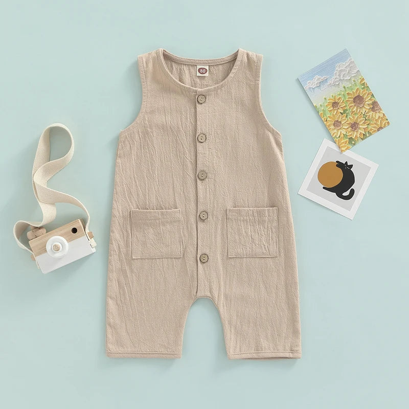 Sleeveless Pocket Button Romper, Unisex