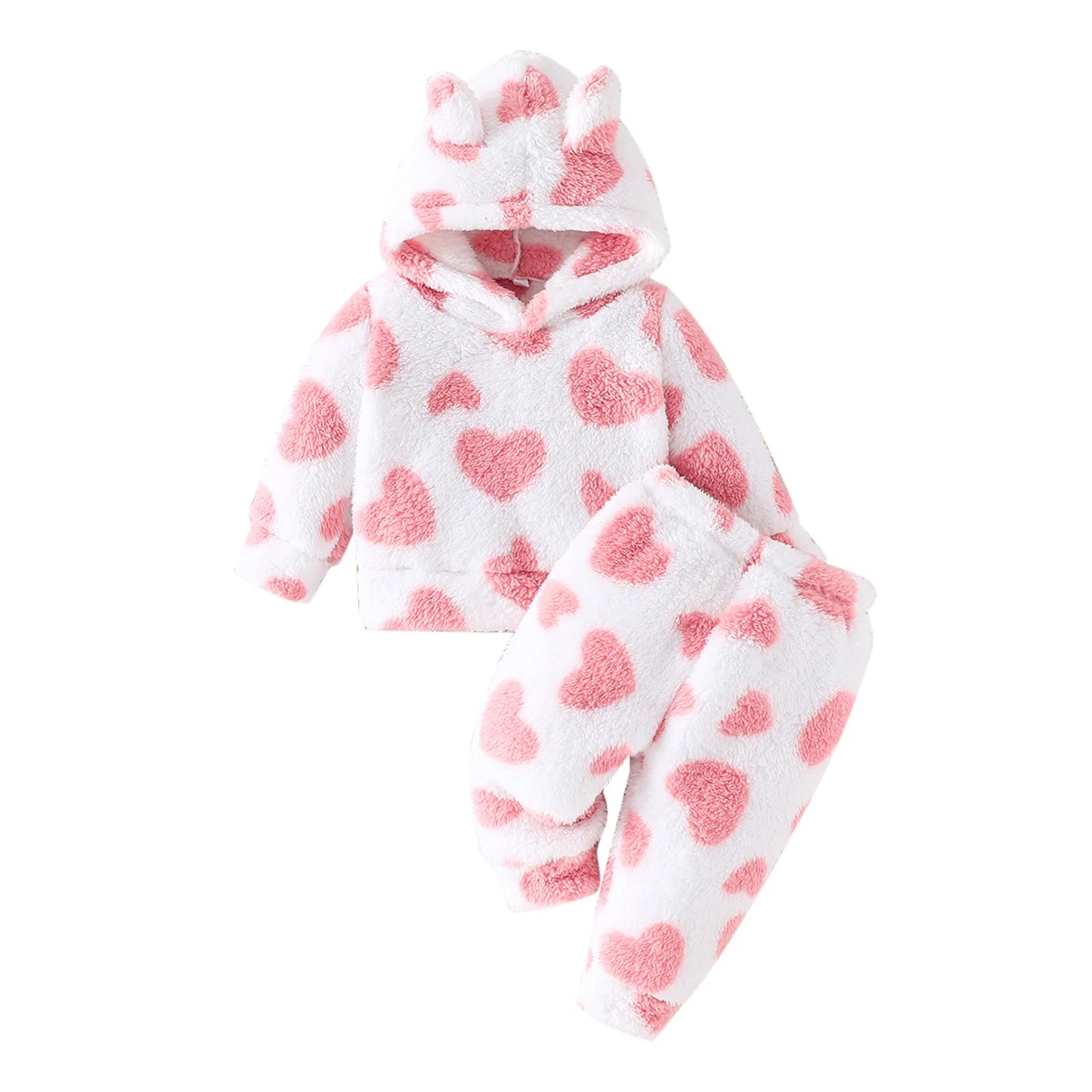 Girls Heart Print Plush Fleece Hoodie Pant Set